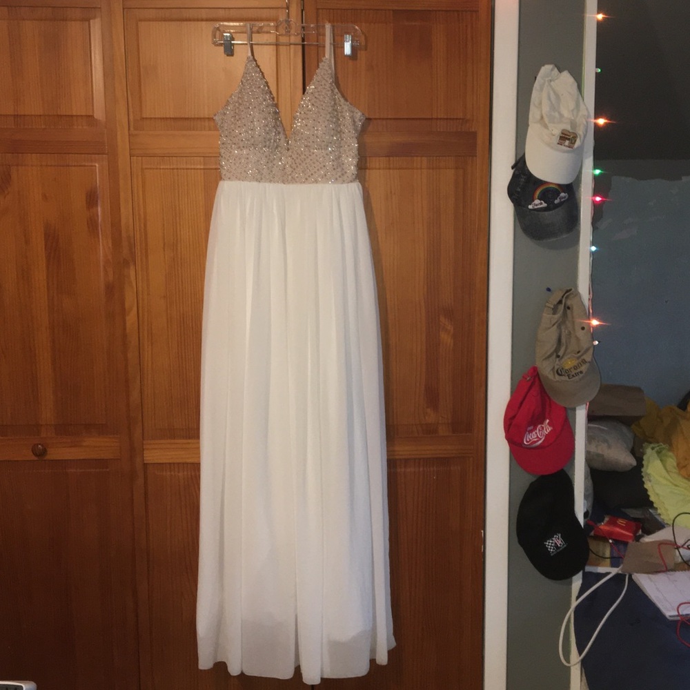 White & tan prom dress